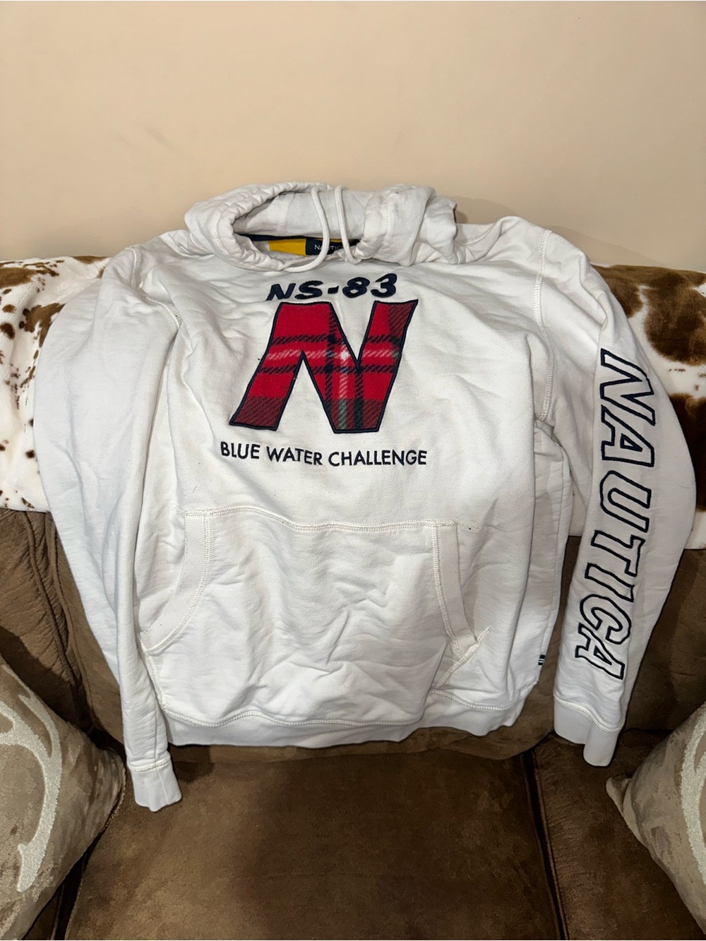 Nautica White Hoodie with Yellow Neckline and Red Accent